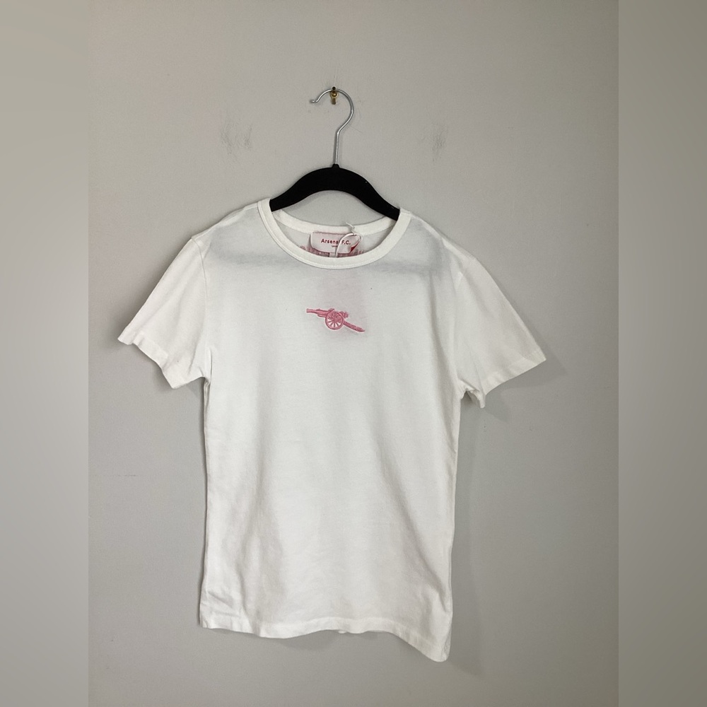 White Kids Short Sleeve Tee with Pink Embroidered Cannon C15